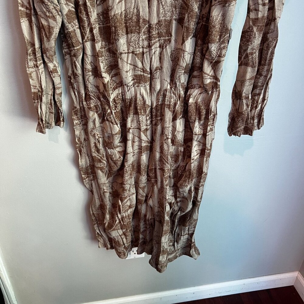 Zara Taupe Brown Abstract Leaf Print Midi Dress Mock Neck Boho Crinkle MEDIUM - Picture 4 of 12